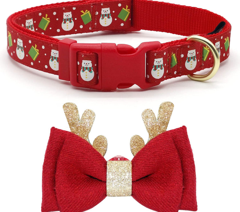 Christmas Dog Collar Adjustable Xmas Dog Collar with Christmas Antler Bow Tie Accessories Snowman Dog Collar for Medium Dogs