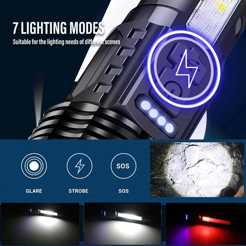 Powerful XHP50 LED Flashlight Waterproof 18650 Torch with Side Light 7 Modes Camping Fishing Lantern USB Rechargeable Zoom Lamp