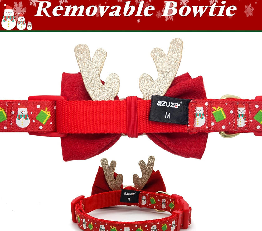 Christmas Dog Collar Adjustable Xmas Dog Collar with Christmas Antler Bow Tie Accessories Snowman Dog Collar for Medium Dogs