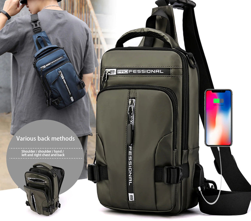 Men Nylon Crossbody Bag with USB Charging Port Multifunction Outdoor Travel Waterproof Daypack Male Casual Messenger Chest Bags