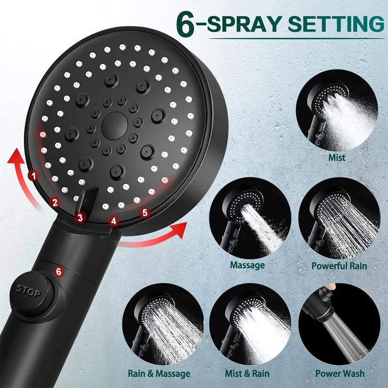 6 Mode Shower Head Adjustable High Pressure Water Saving Shower One-Key Stop Water Massage Eco Shower Kit Bathroom Accessories