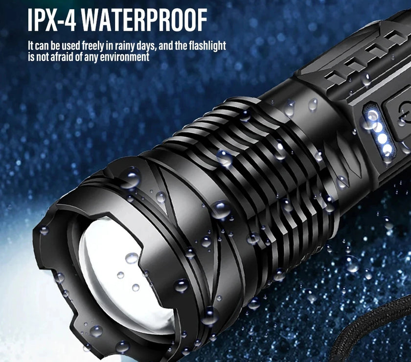 Powerful XHP50 LED Flashlight Waterproof 18650 Torch with Side Light 7 Modes Camping Fishing Lantern USB Rechargeable Zoom Lamp